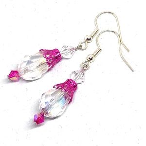 AB Clear Crystal Glass Bead Fuchsia Pink Filigree Teardrop Dangle Drop Earrings